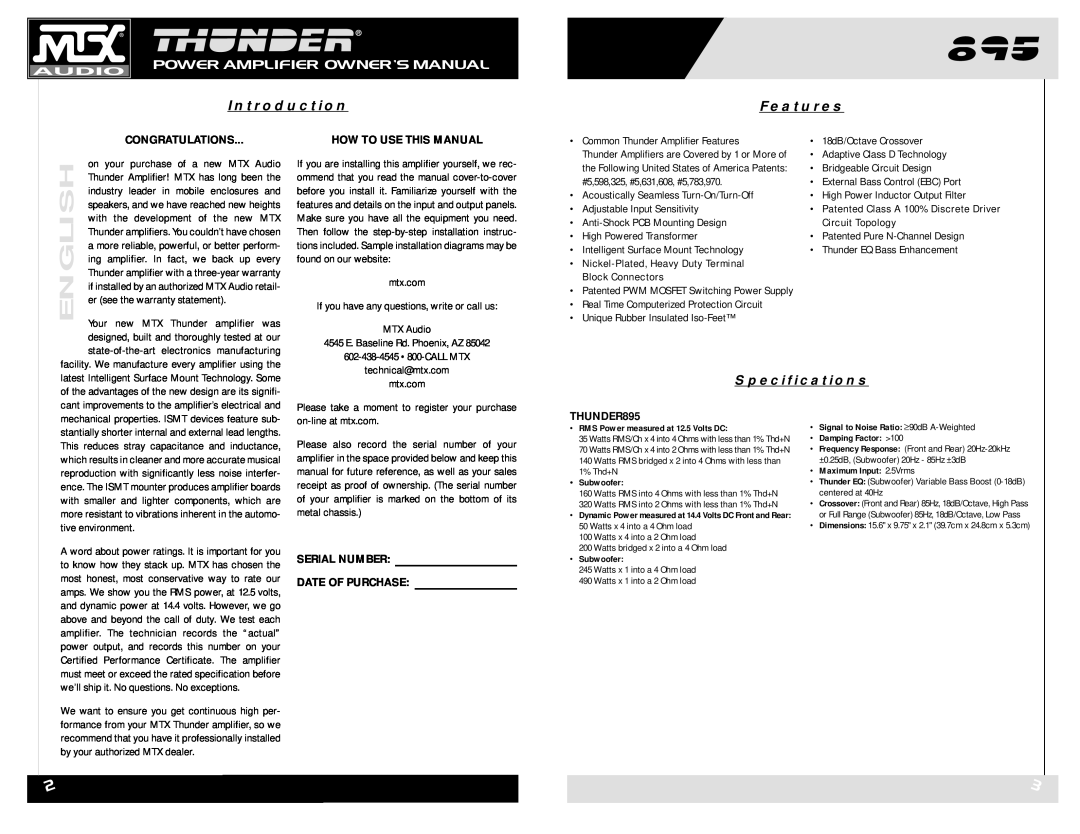 MTX Audio THUNDER895 owner manual Introduction, Features, Specifications, Congratulations, How To Use This Manual 