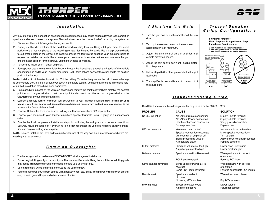 MTX Audio THUNDER895 Installation, Adjusting the Gain, Typical Speaker Wiring Configurations, Troubleshooting Guide, Cause 