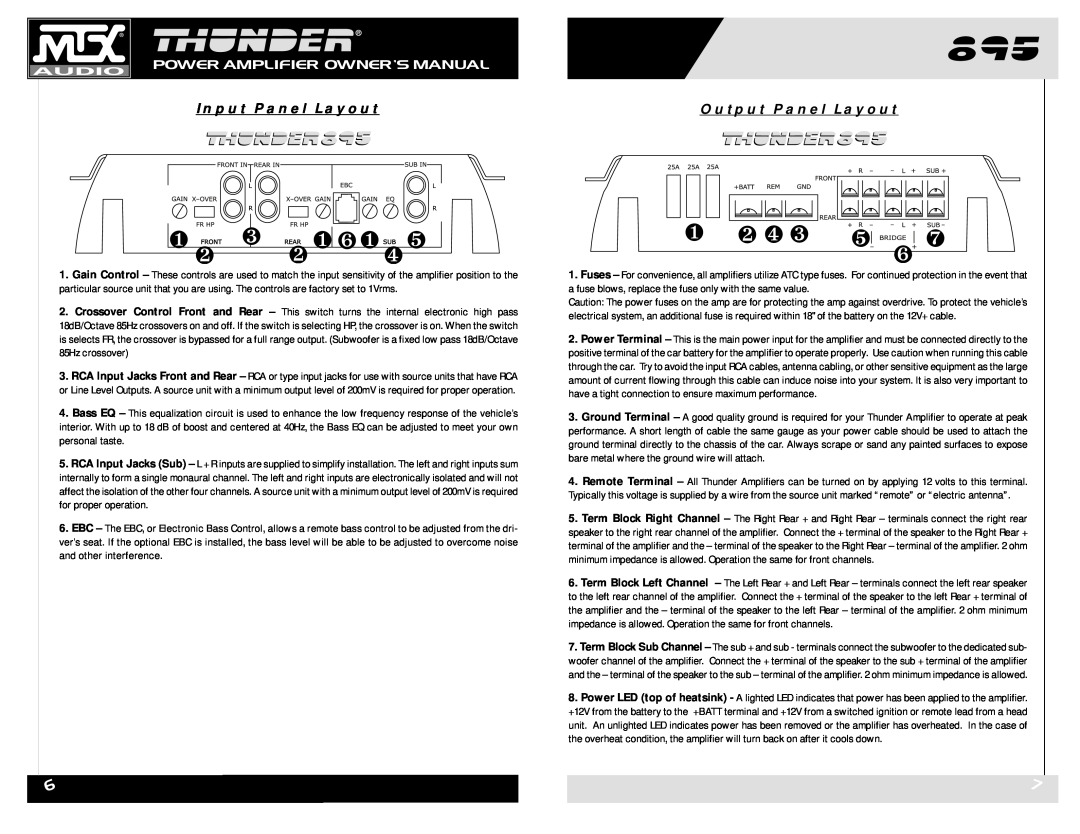 MTX Audio THUNDER895 owner manual ❶ ❷ ❸ ❷ ❶ ❻ ❶ ❹ ❺, ❶ ❷ ❹ ❸, Input Panel Layout, Output Panel Layout 
