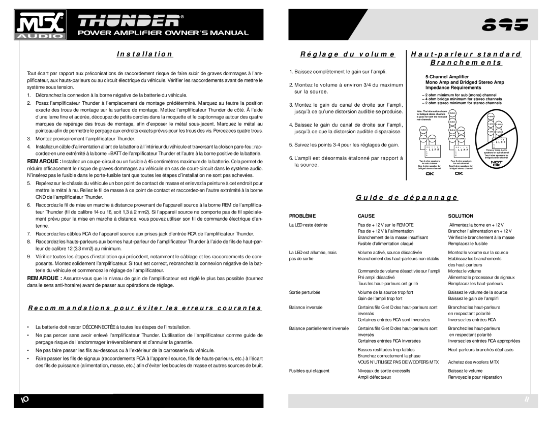 MTX Audio THUNDER895 owner manual Réglage du volume, Haut-parleurstandard Branchements, Guide de dépannage, Installation 