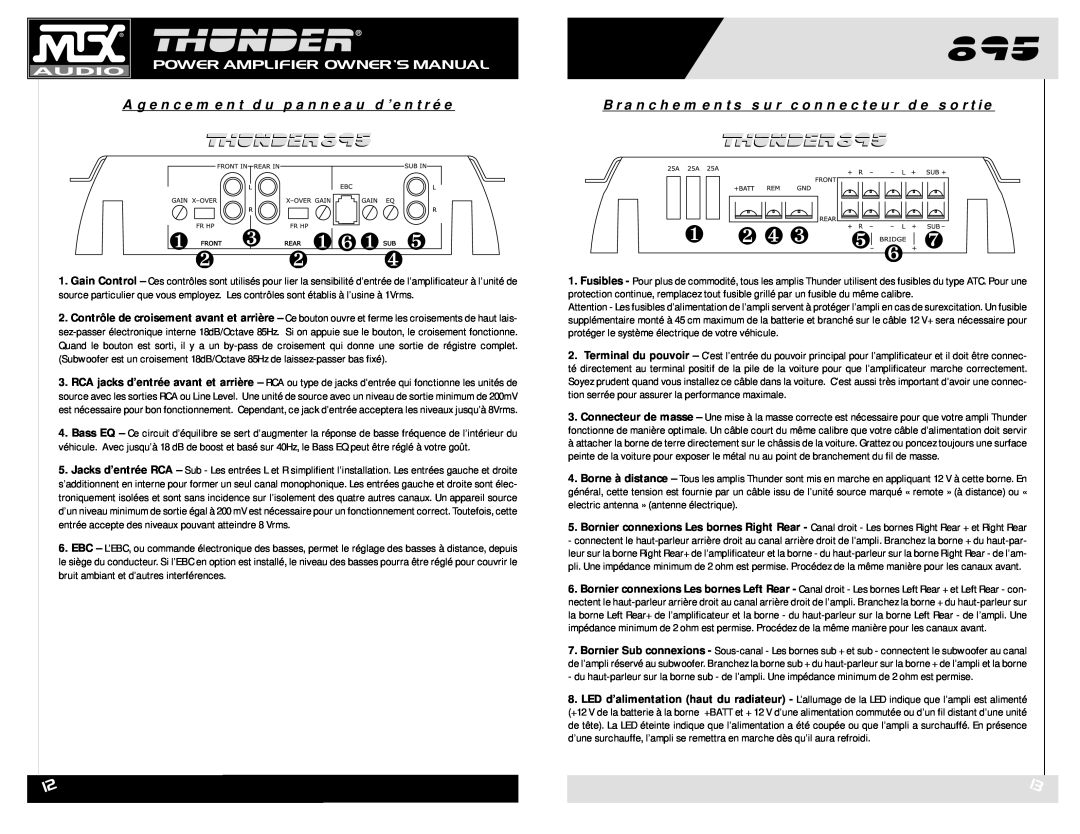 MTX Audio THUNDER895 owner manual ❶ ❻ ❶ ❹ ❺, Agencement du panneau d’entrée, Branchements sur connecteur de sortie, ❶ ❷ ❹ ❸ 