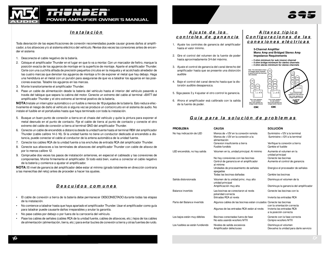 MTX Audio THUNDER895 owner manual Instalación, Descuidos comunes, Ajuste de los, Altavoz típico, controles de ganancia 