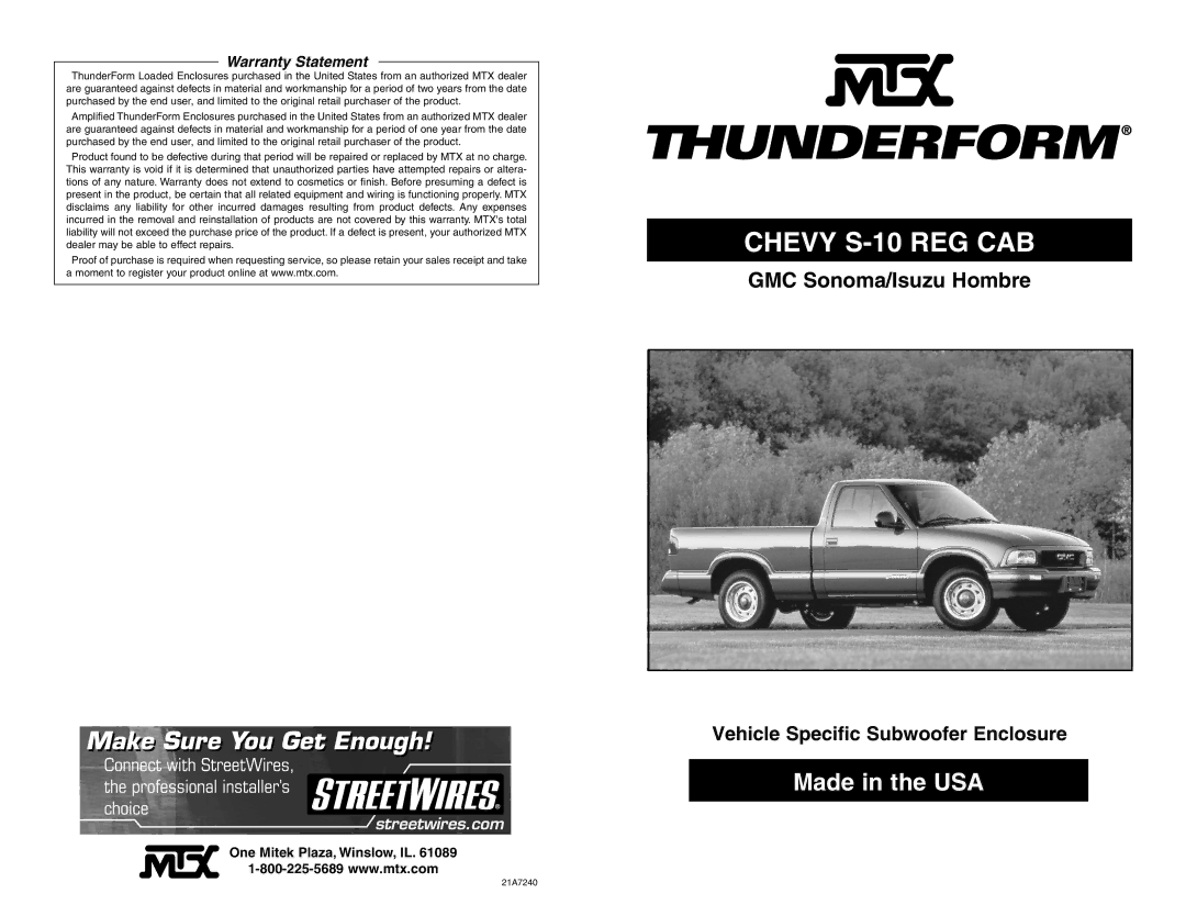 MTX Audio THUNDERFORM warranty Chevy S-10 REG CAB, Warranty Statement 