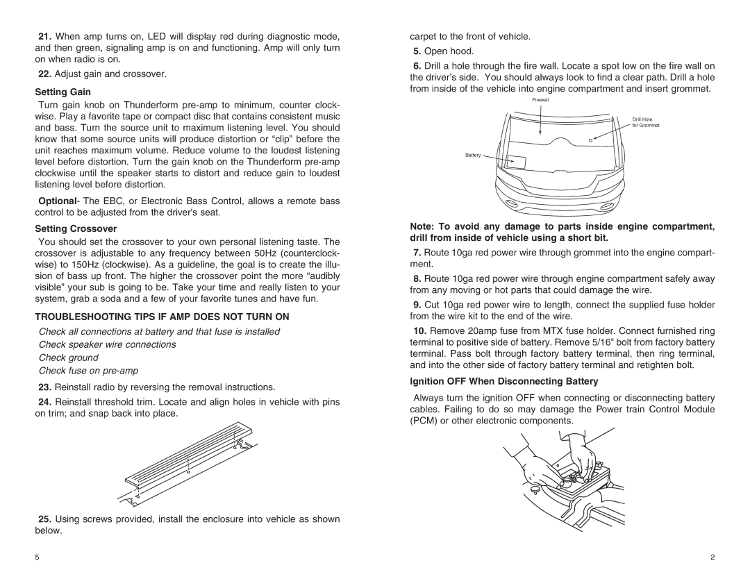 MTX Audio THUNDERFORM warranty Setting Gain, Setting Crossover, Troubleshooting Tips if AMP does not Turn on 