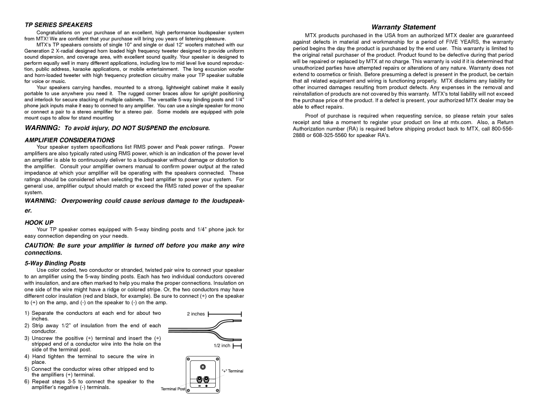 MTX Audio P2400, TP1100, TP1200 owner manual TP Series Speakers, Amplifier Considerations Hook UP, Way Binding Posts 