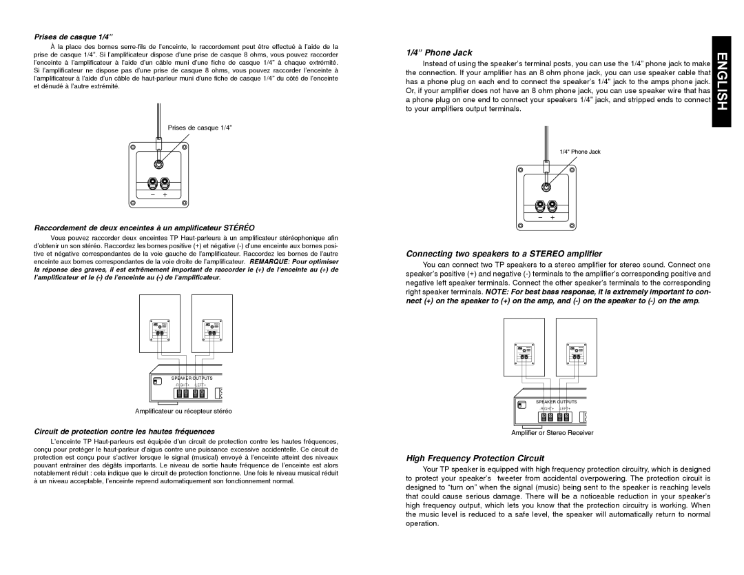 MTX Audio TP1100, TP1200 Phone Jack, Connecting two speakers to a Stereo amplifier, High Frequency Protection Circuit 