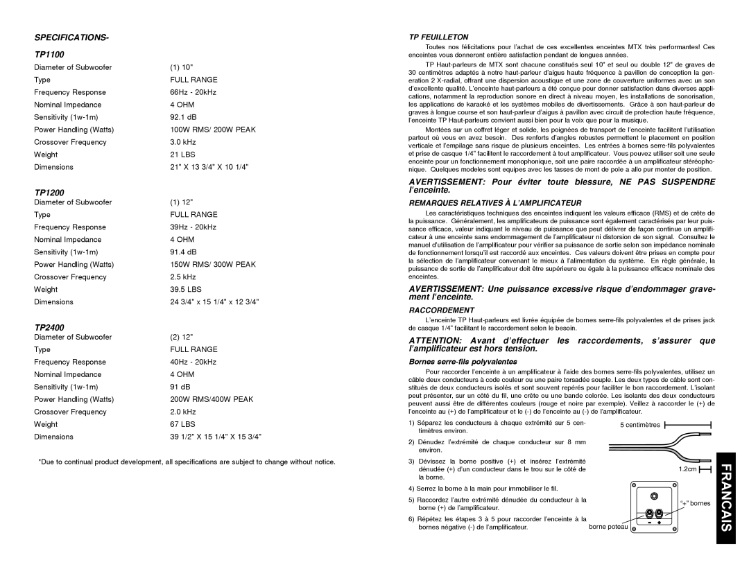 MTX Audio TP1200 owner manual Francais, Specifications, TP1100, TP2400 