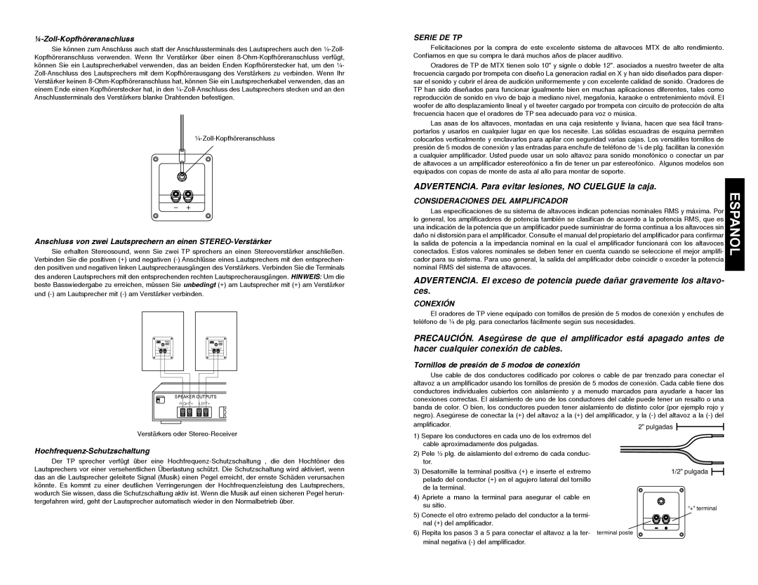 MTX Audio P2400, TP1100, TP1200 Espanol, ADVERTENCIA. Para evitar lesiones, no Cuelgue la caja, Serie DE TP, Conexión 