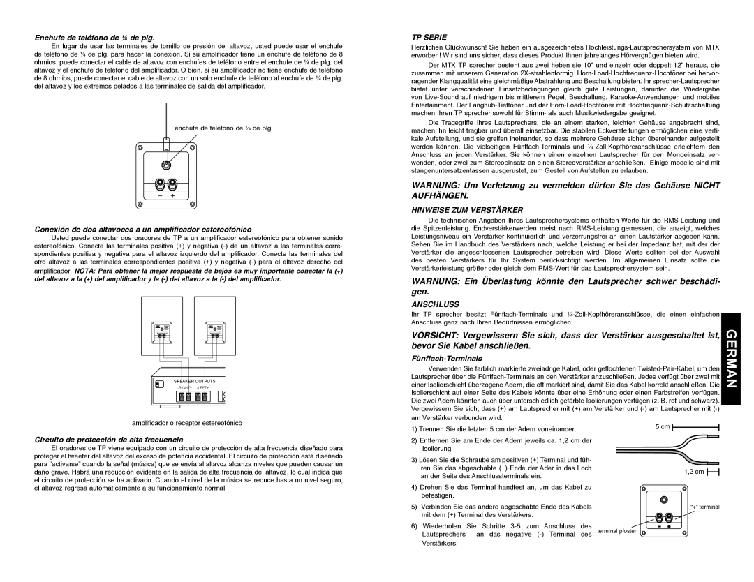 MTX Audio TP1100, TP1200, P2400 owner manual German, TP Serie, Hinweise ZUM Verstärker, Anschluss 