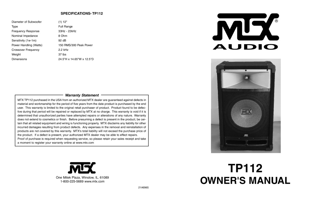 MTX Audio owner manual Warranty Statement, SPECIFICATIONS- TP112 