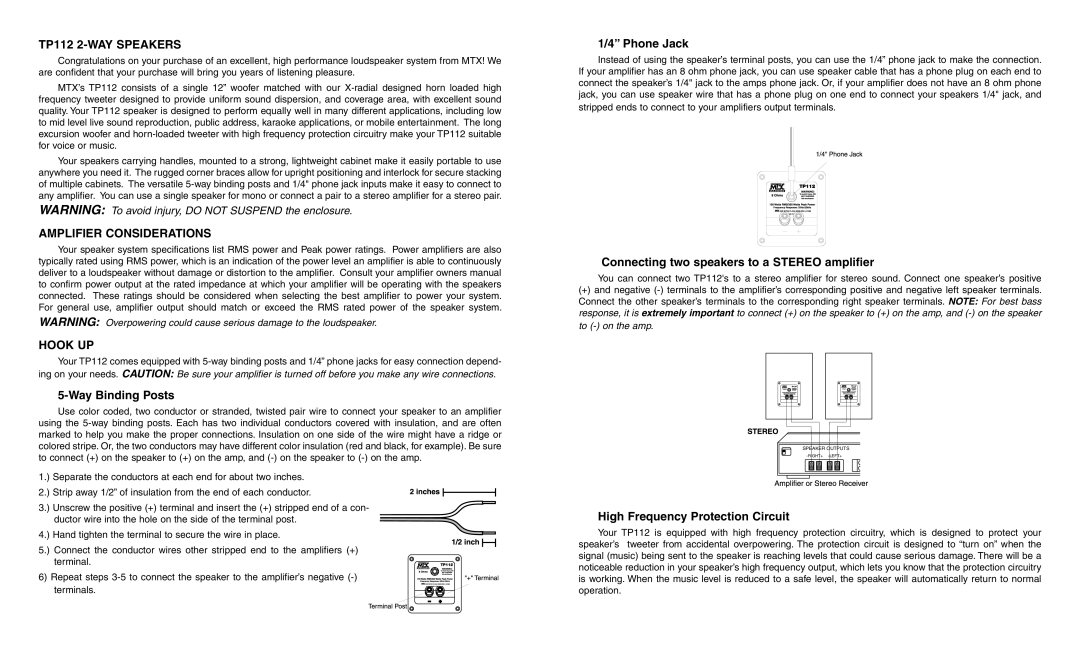 MTX Audio owner manual TP112 2-WAY Speakers, Amplifier Considerations Hook UP 