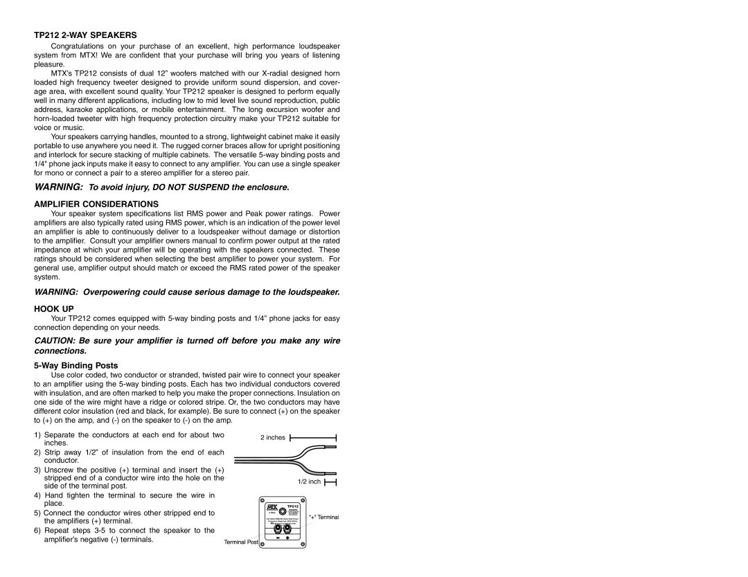 MTX Audio owner manual TP212 2-WAY Speakers, Amplifier Considerations Hook UP, Way Binding Posts 