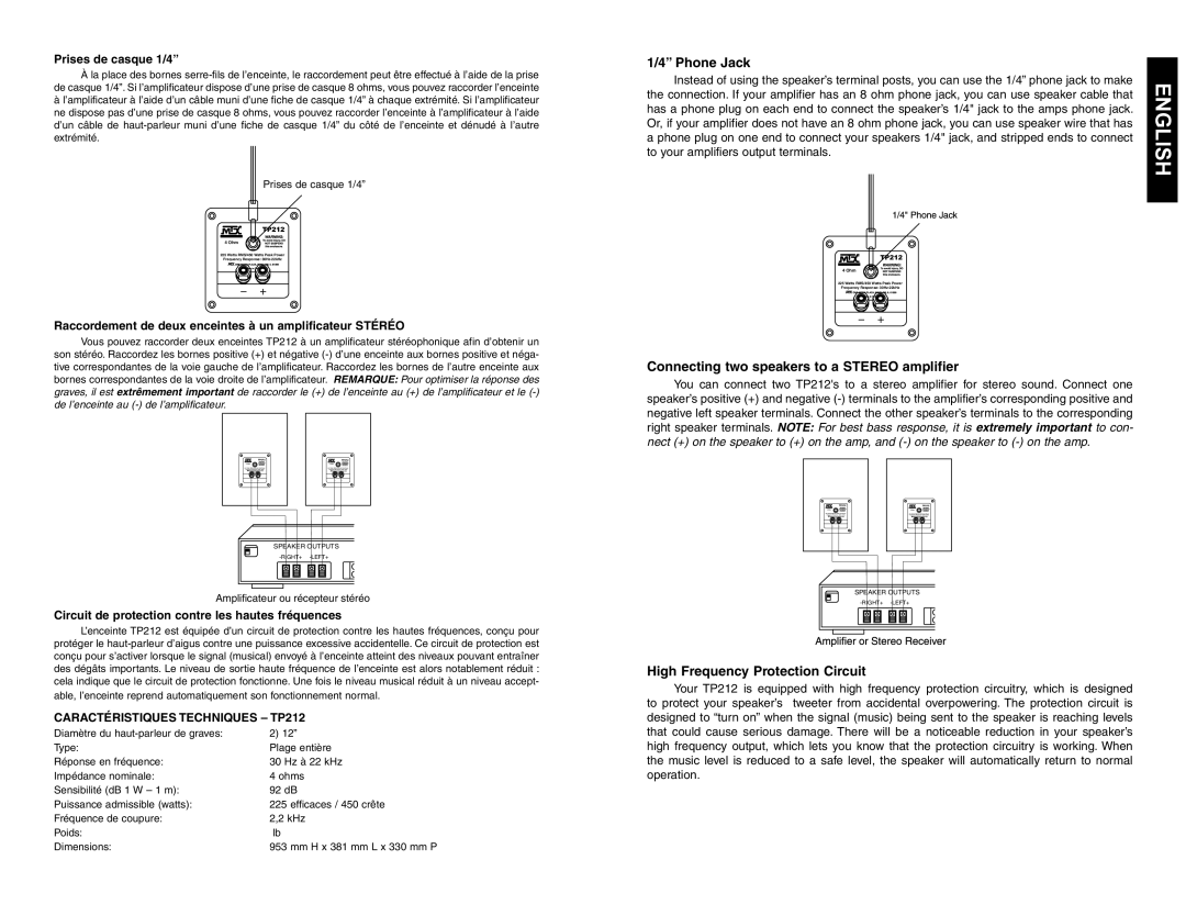 MTX Audio TP212 owner manual Phone Jack, Connecting two speakers to a Stereo amplifier, High Frequency Protection Circuit 