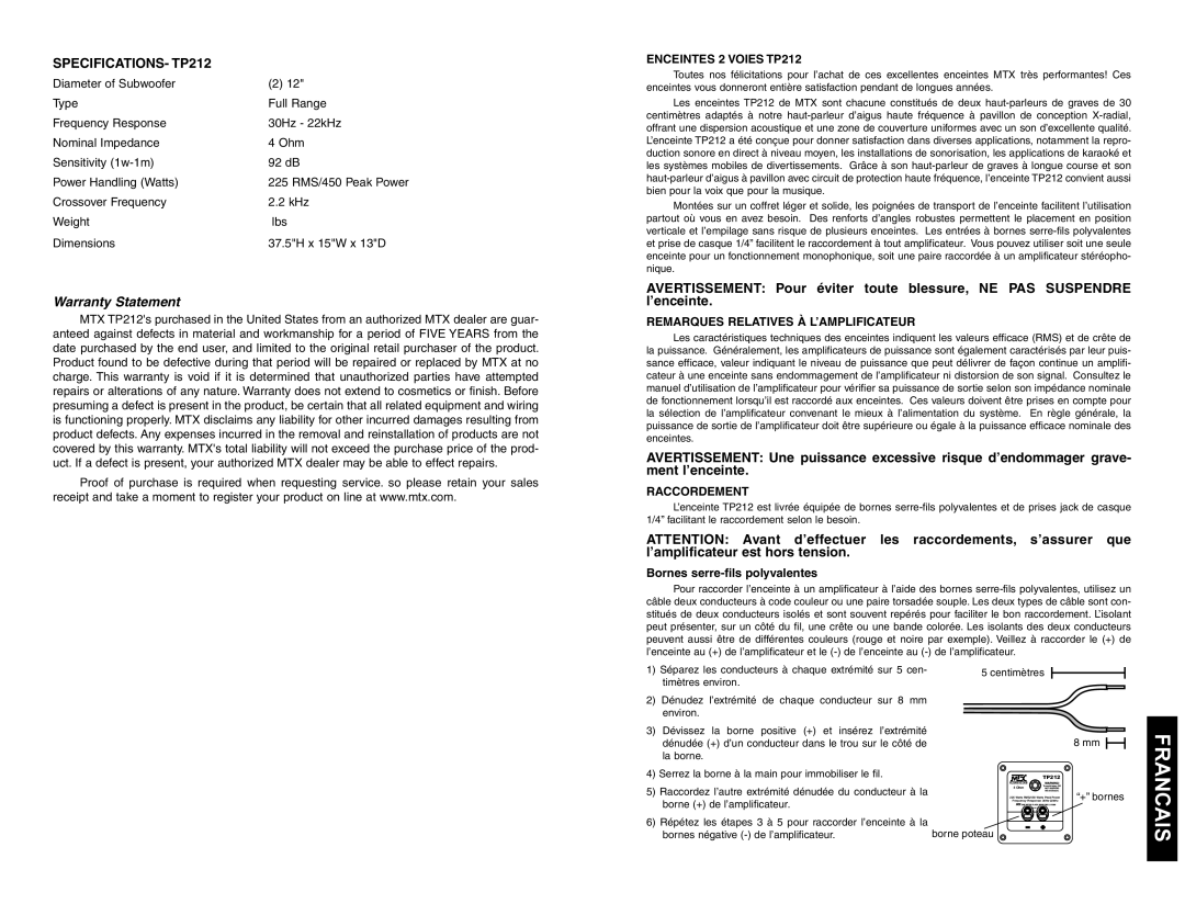 MTX Audio Francais, SPECIFICATIONS- TP212, Enceintes 2 Voies TP212, Remarques Relatives À L’AMPLIFICATEUR, Raccordement 