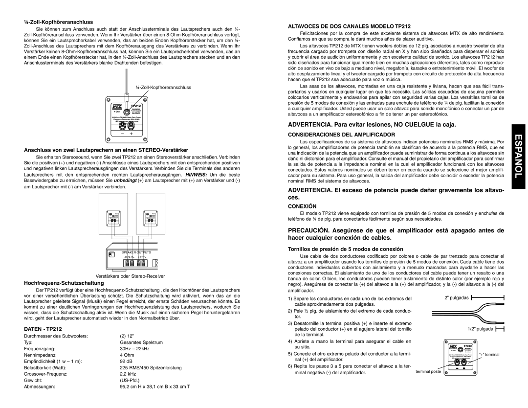 MTX Audio TP212 owner manual Espanol, ADVERTENCIA. Para evitar lesiones, no Cuelgue la caja 