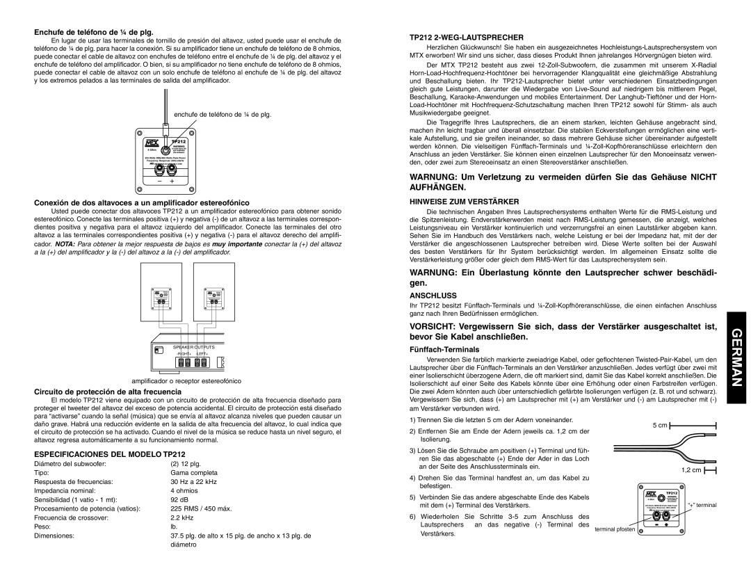 MTX Audio German, TP212 2-WEG-LAUTSPRECHER, Hinweise ZUM Verstärker, Anschluss, Especificaciones DEL Modelo TP212 