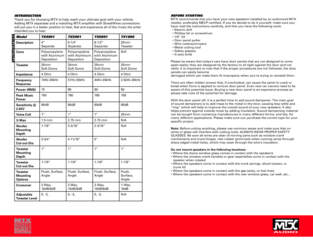 MTX Audio TX5001, TX6001, TX1000, TX4001 owner manual Introduction, Before Starting 