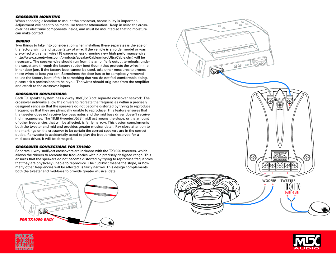 MTX Audio TX6001, TX5001, TX4001 owner manual Crossover Mounting, Wiring, Crossover Connections for TX1000 