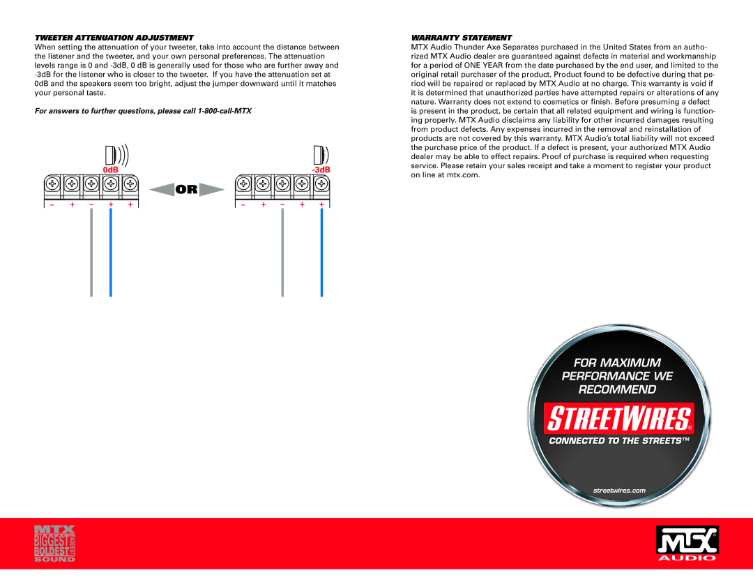 MTX Audio TX1000, TX6001, TX5001, TX4001 owner manual Tweeter Attenuation Adjustment, Warranty Statement 