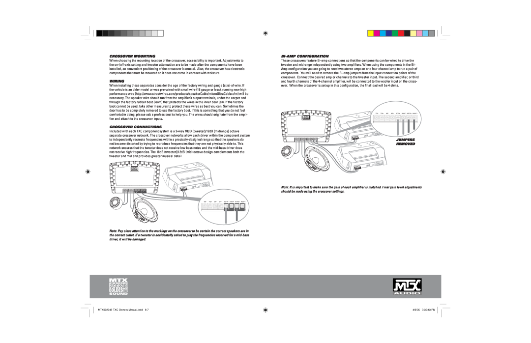 MTX Audio TXC4.1, TXC6.1, TXC5.1 Crossover Mounting, Wiring, Crossover Connections, Bi-Ampconfiguration, Jumpers Removed 