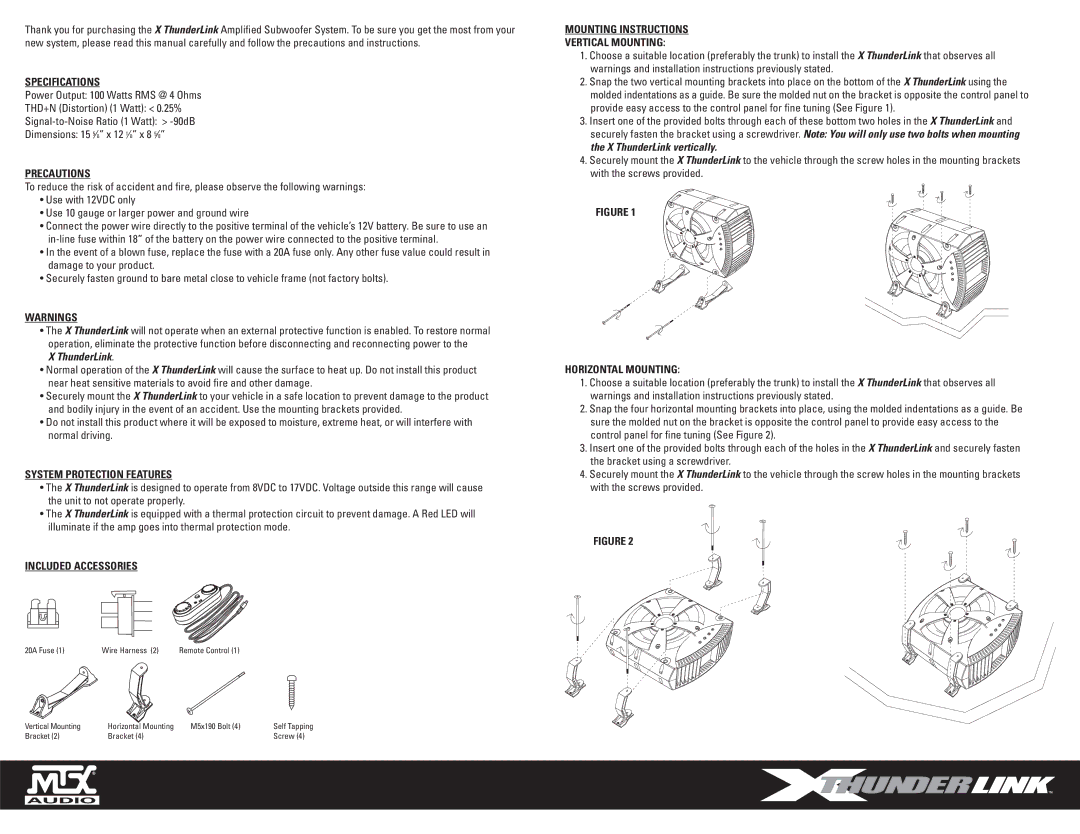 MTX Audio XT110P Specifications, Precautions, System Protection Features, Included Accessories, Horizontal Mounting 