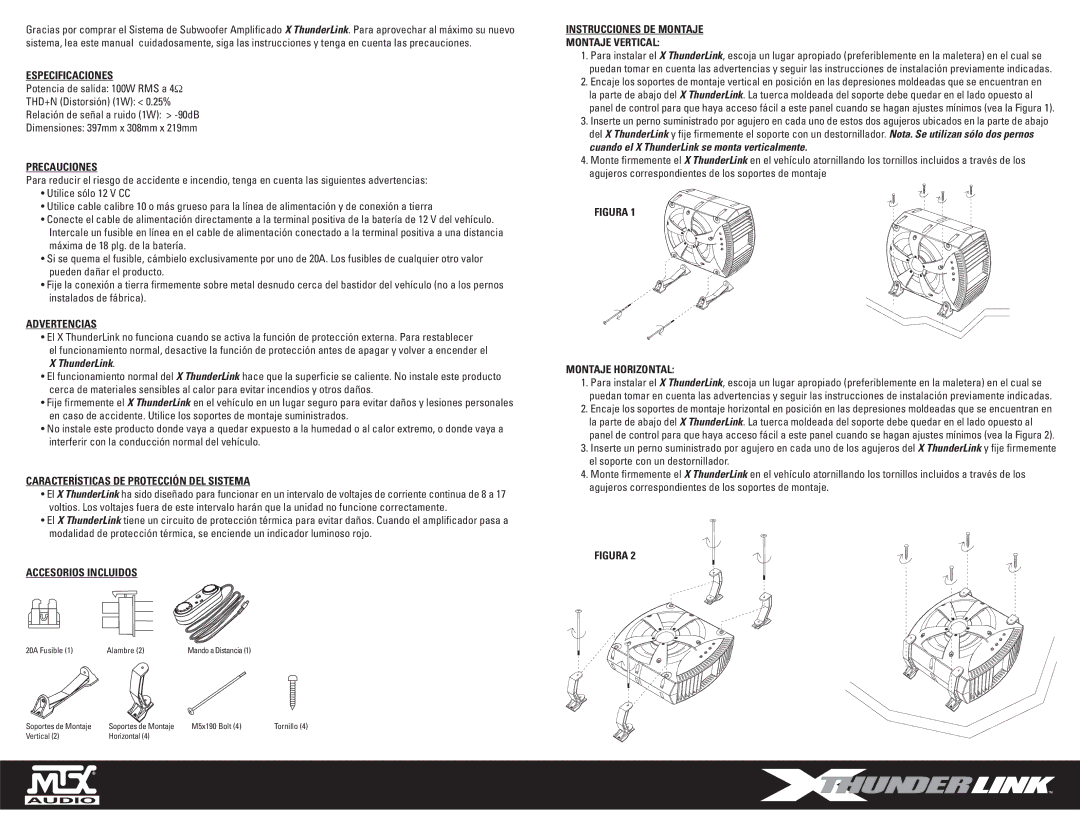 MTX Audio XT110P owner manual Especificaciones, Precauciones, Advertencias, Características DE Protección DEL Sistema 