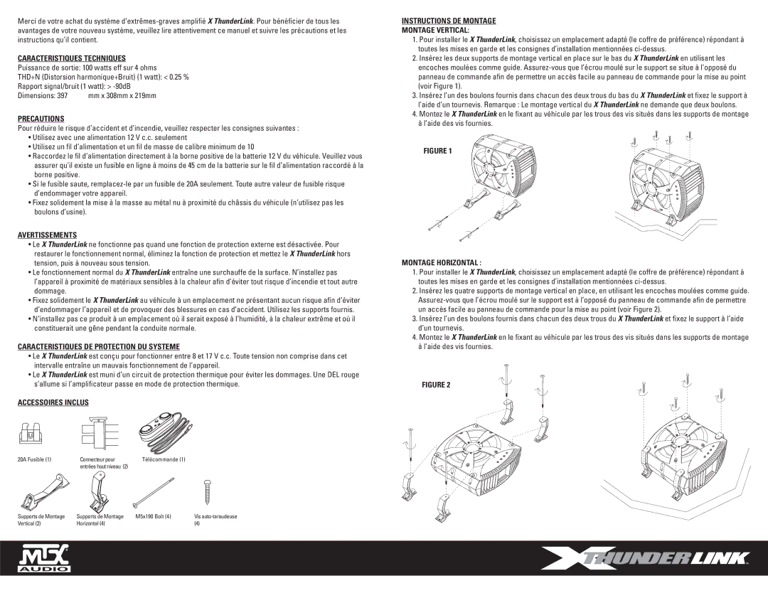 MTX Audio XT110P owner manual Caracteristiques Techniques, Avertissements, Caracteristiques DE Protection DU Systeme 