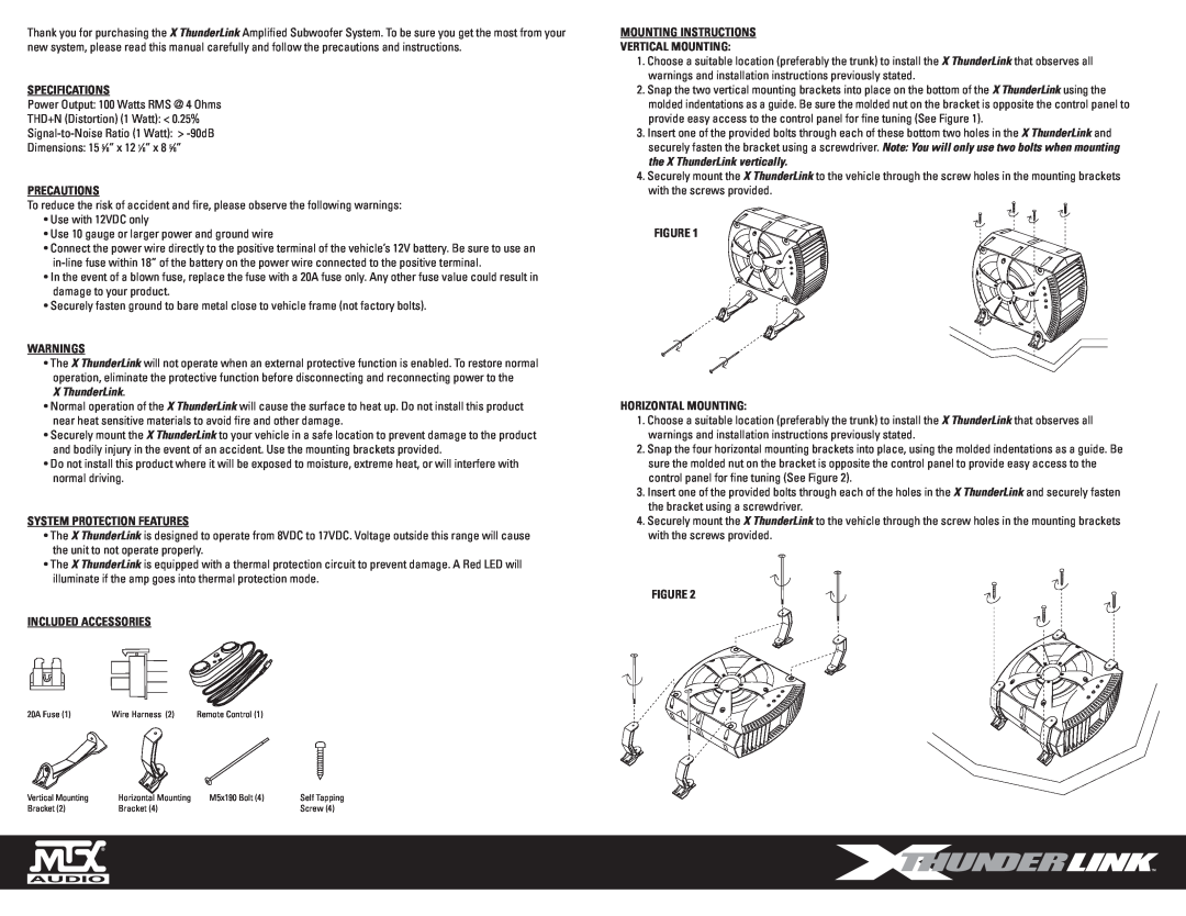 MTX Audio XT110P Specifications, Precautions, Warnings, X ThunderLink, System Protection Features, Included Accessories 
