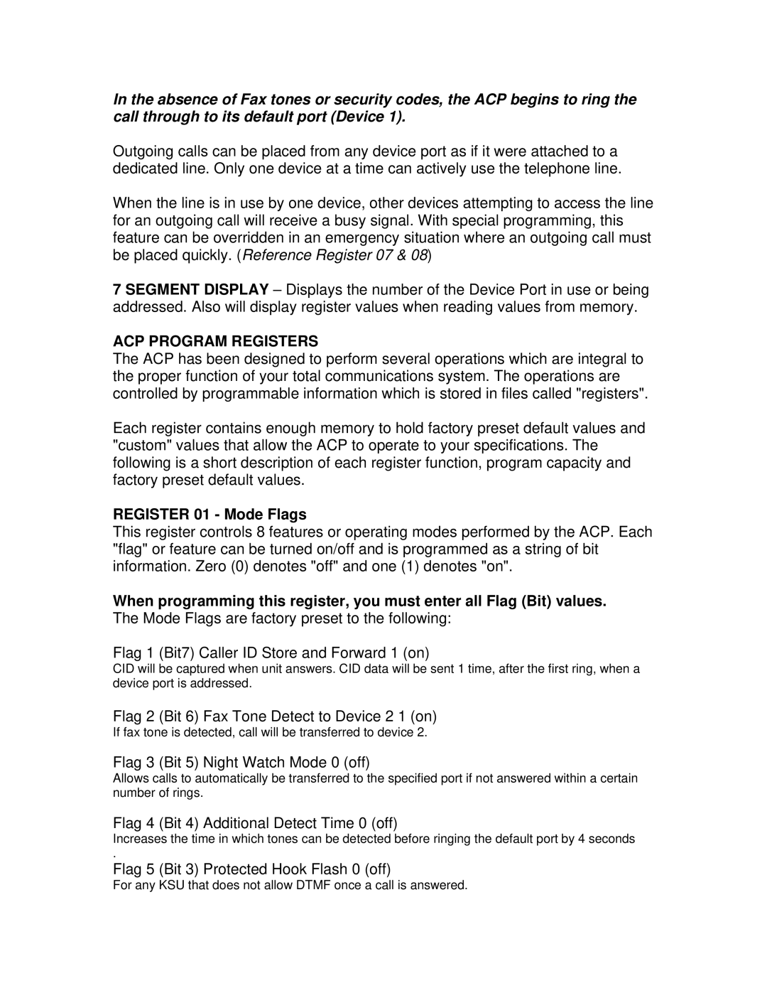 Multi-Link ACP-300 specifications ACP Program Registers, Register 01 Mode Flags 