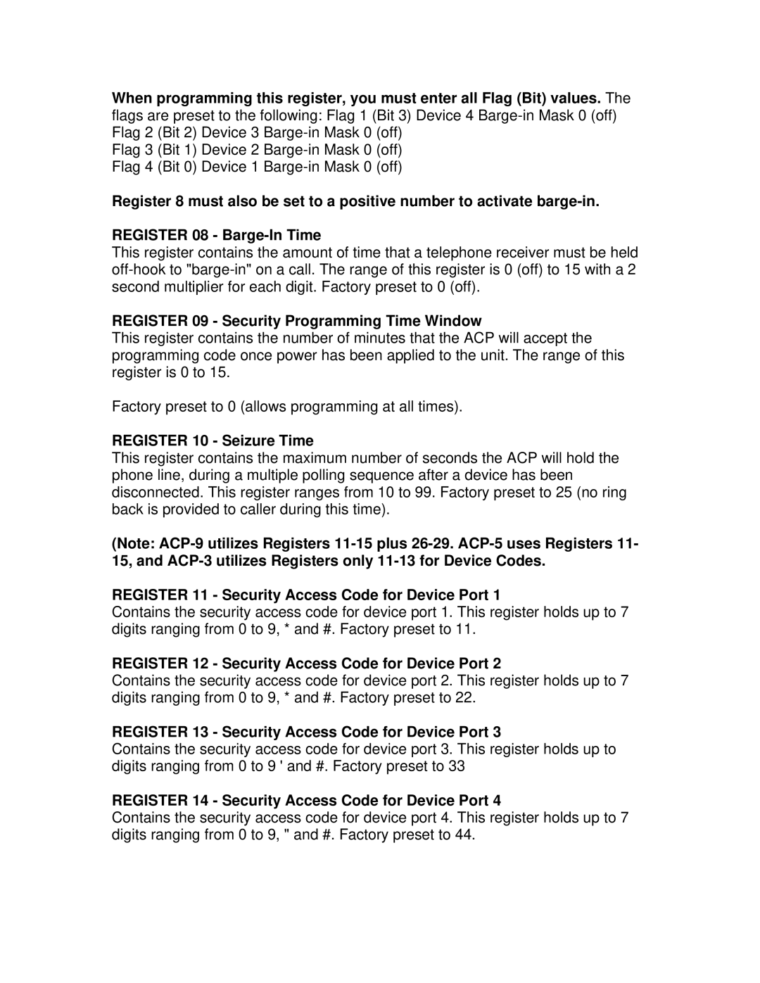 Multi-Link ACP-300 specifications Register 09 Security Programming Time Window, Register 10 Seizure Time 