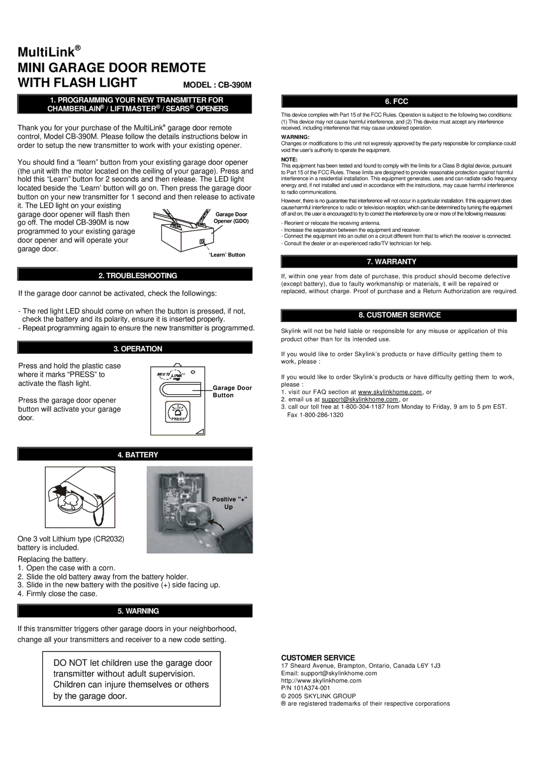 Multi-Link warranty Mini Garage Door Remote With Flash Light, Model CB-390M, Warranty, Customer Service, Battery 
