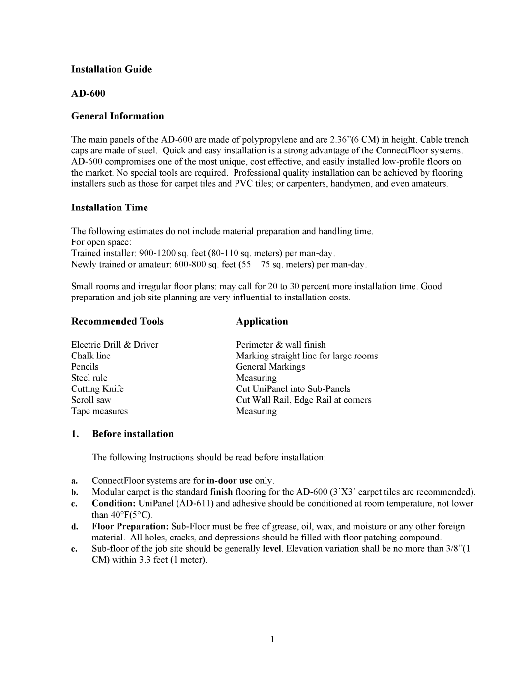 Multi-Link ConnectFloor Installation Guide AD-600 General Information, Installation Time, Recommended Tools Application 