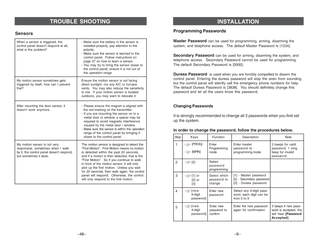 Multi-Link ML-001, ML-100 manual Trouble Shooting, Sensors, Programming Passwords, Changing Passwords 