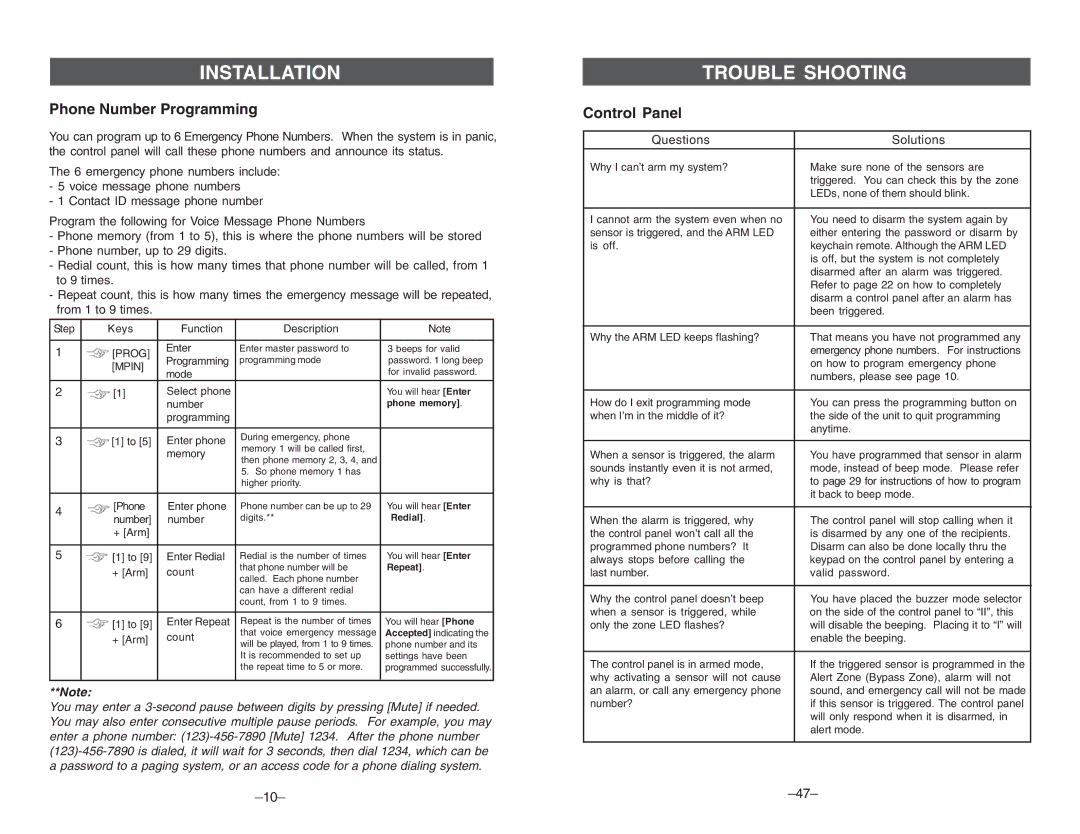 Multi-Link ML-100, ML-001 manual Phone Number Programming, Control Panel, Questions Solutions 