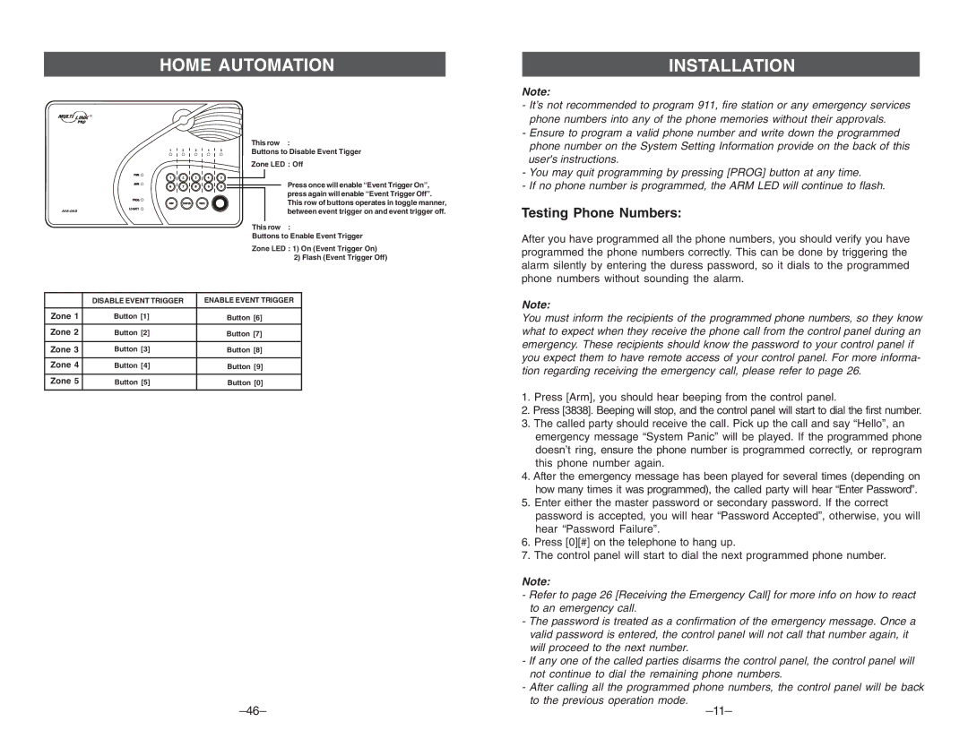 Multi-Link ML-001, ML-100 manual Home Automation, Testing Phone Numbers 