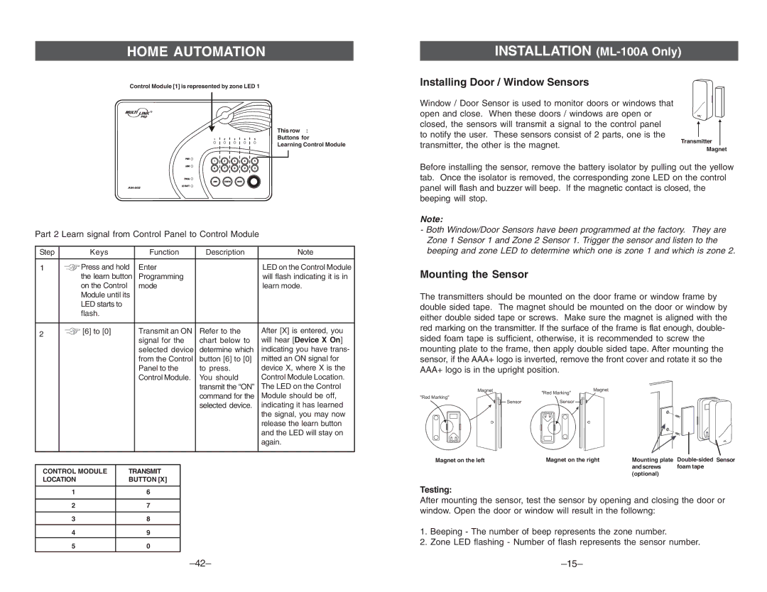 Multi-Link ML-001, ML-100 manual Installing Door / Window Sensors, Mounting the Sensor, Testing 