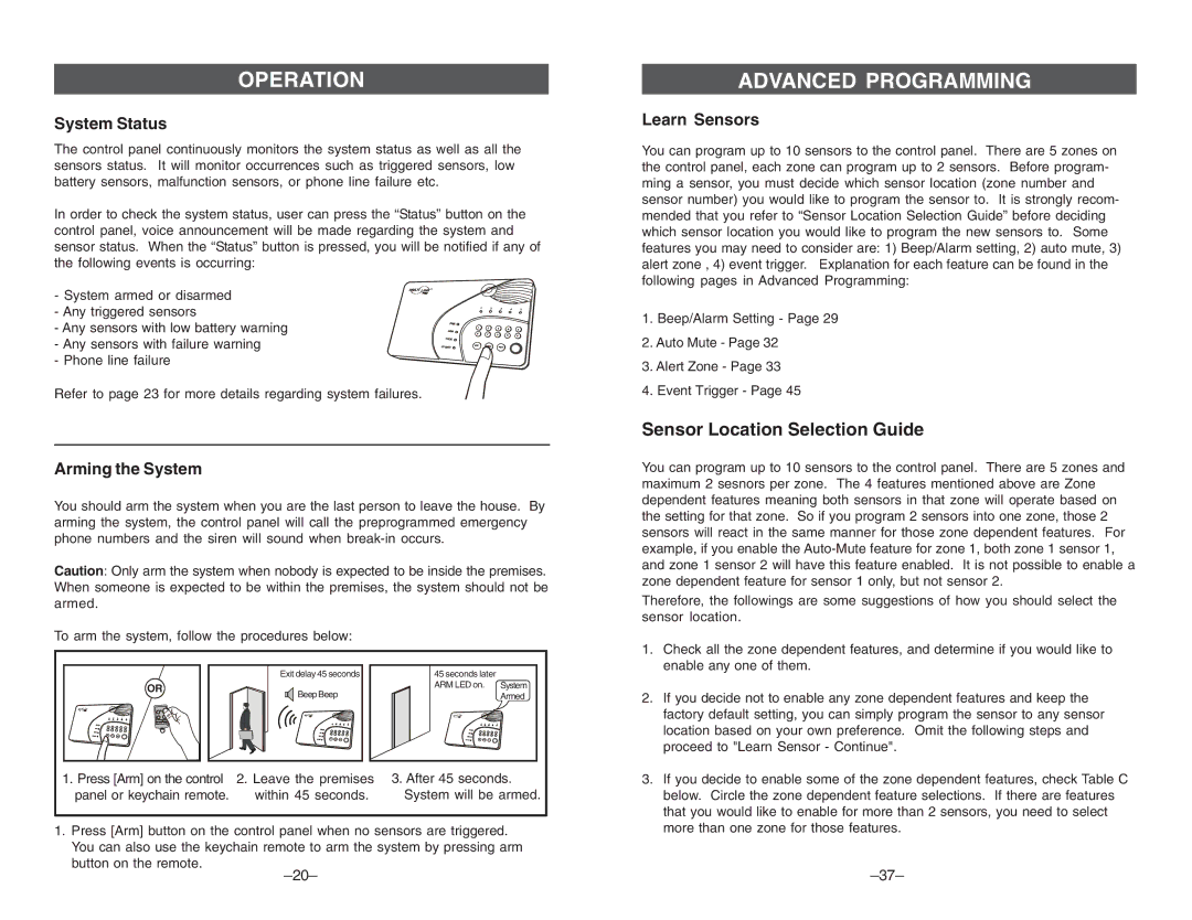 Multi-Link ML-100, ML-001 manual System Status, Arming the System, Learn Sensors 