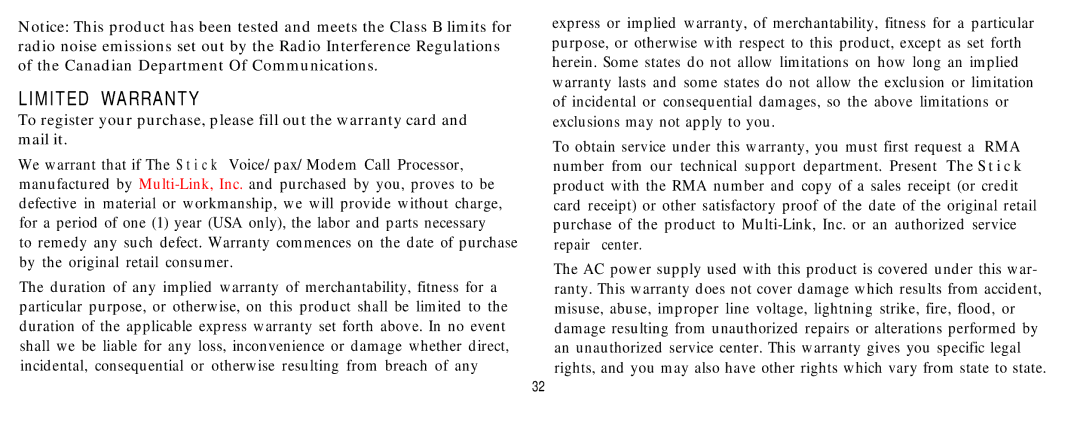 Multi-Link Stick manual Limited Warranty 