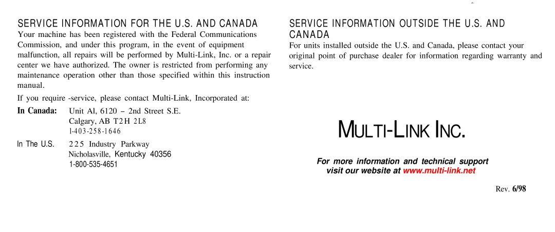 Multi-Link Stick manual Multi-Link Inc 