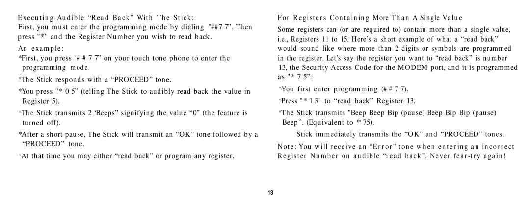 Multi-Link Voice/Fax/Modem Call Processor manual Executing Audible Read Back With The Stick 