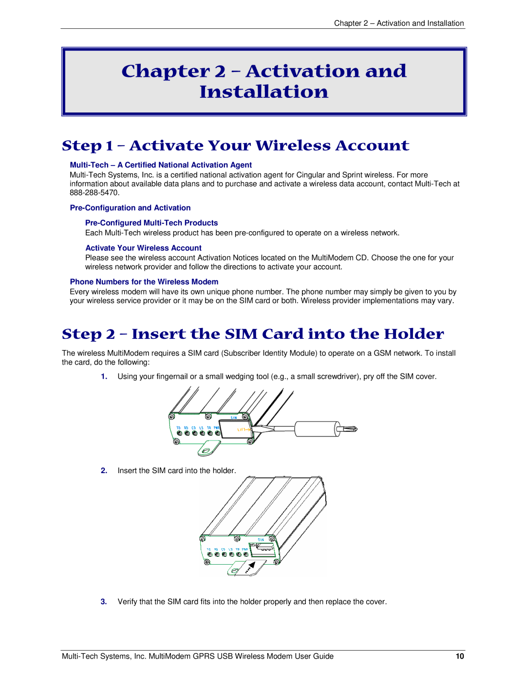 Multi Tech Equipment GPRS USB Activation Installation, Activate Your Wireless Account, Insert the SIM Card into the Holder 