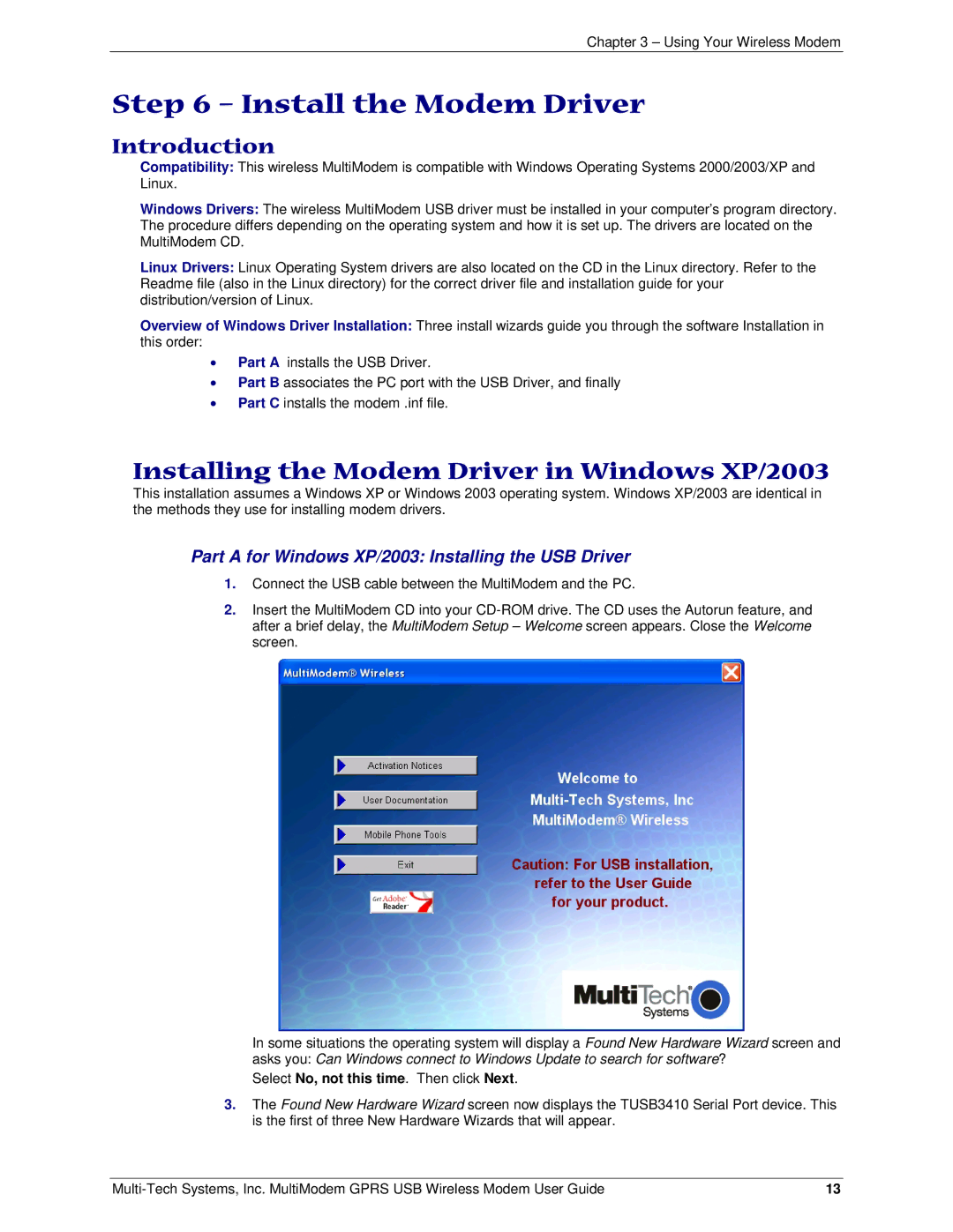 Multi Tech Equipment GPRS USB Install the Modem Driver, Introduction, Part a for Windows XP/2003 Installing the USB Driver 