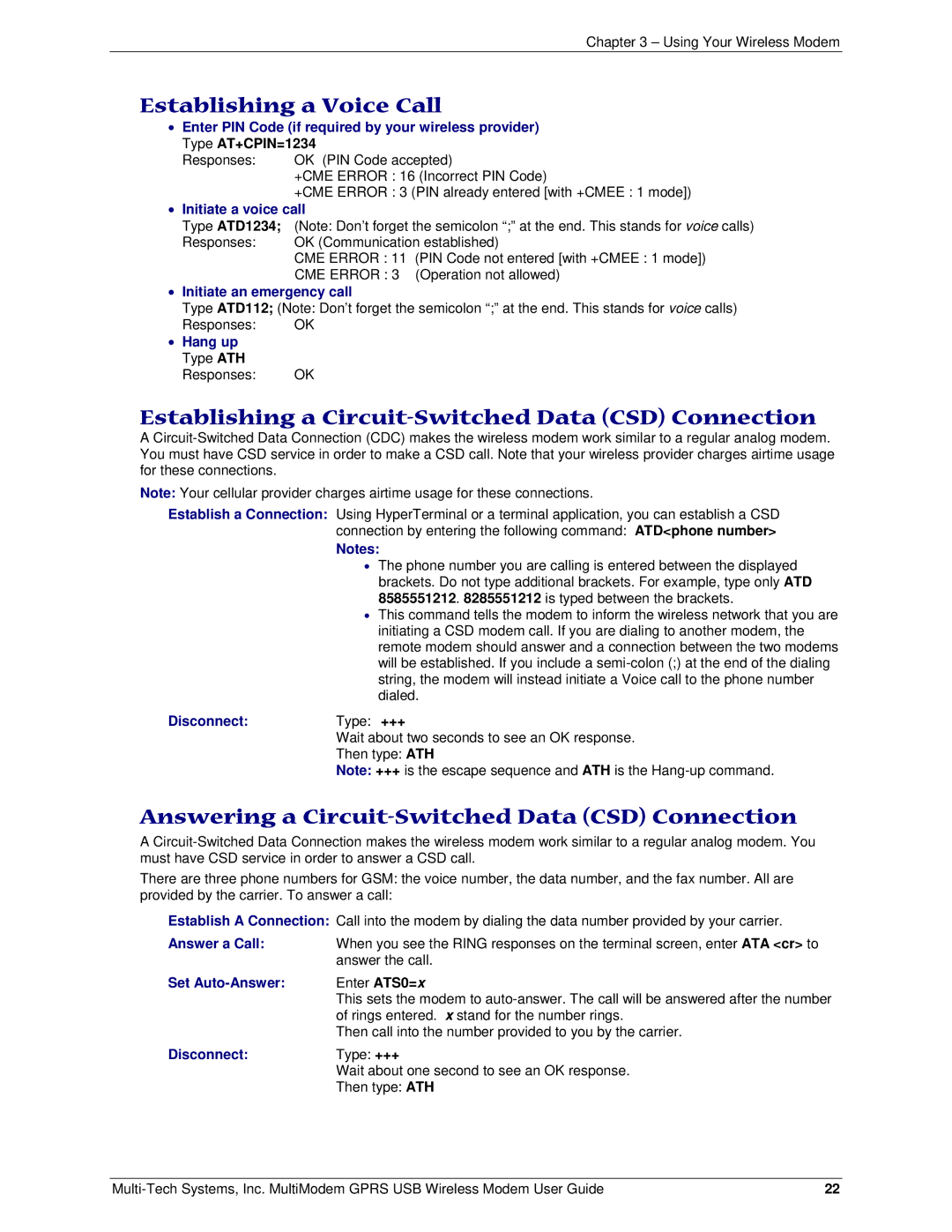 Multi Tech Equipment GPRS USB manual Establishing a Voice Call, Establishing a Circuit-Switched Data CSD Connection 