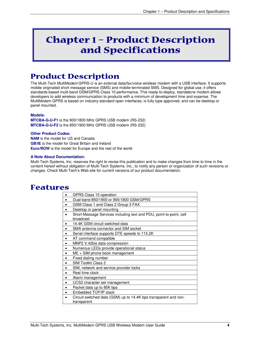 Multi Tech Equipment GPRS USB manual Product Description Specifications, Features, Models, Other Product Codes 