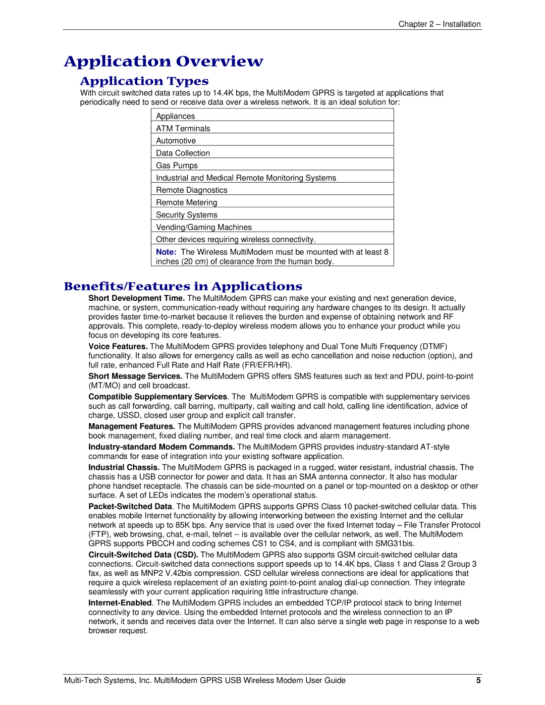 Multi Tech Equipment GPRS USB manual Application Overview, Application Types, Benefits/Features in Applications 