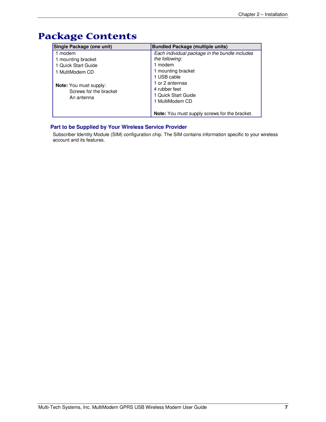 Multi Tech Equipment GPRS USB manual Package Contents 