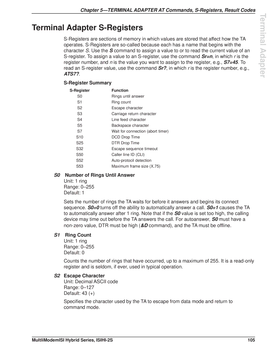 Multi Tech Equipment ISIHI-2S manual Terminal Adapter S-Registers, Register Summary, S0 Number of Rings Until Answer 