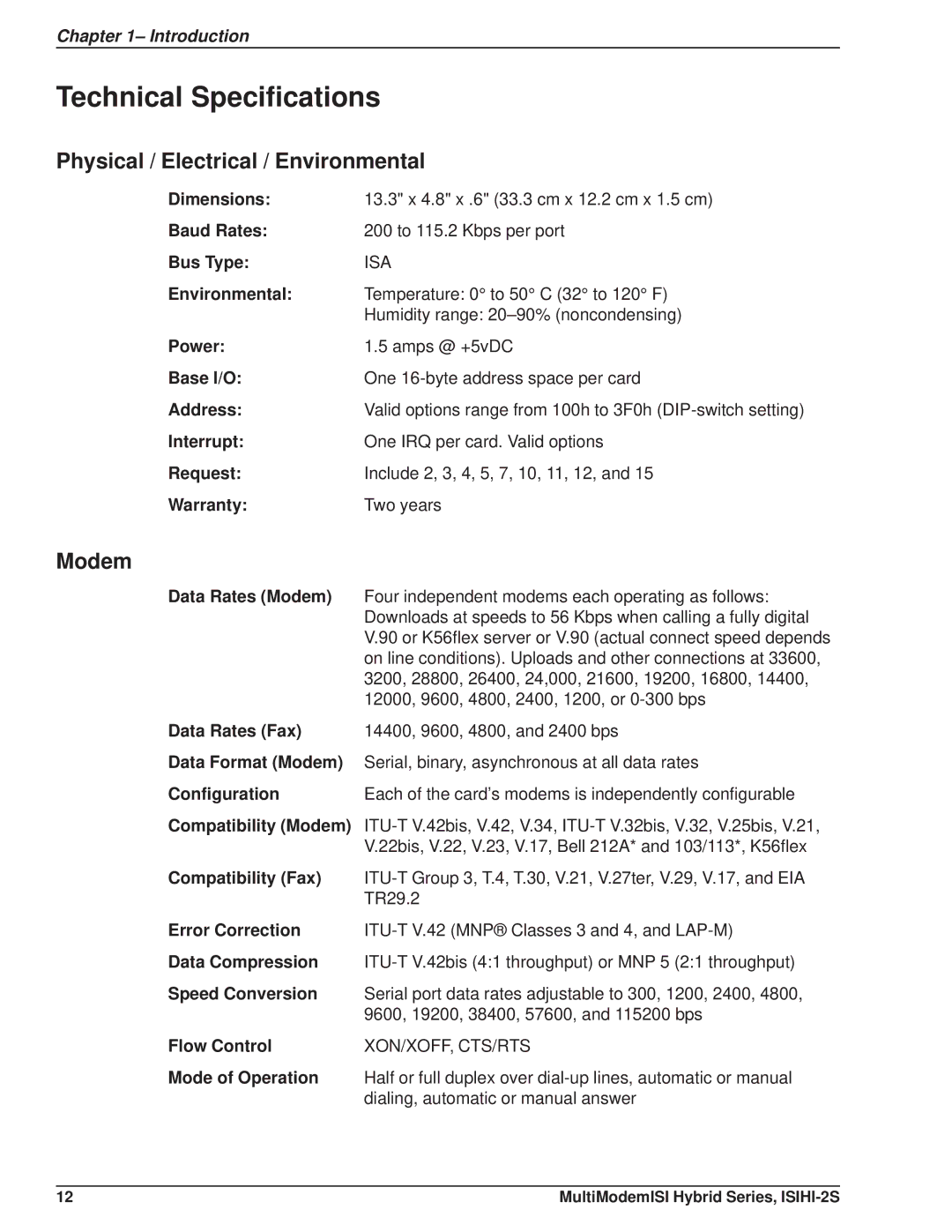 Multi Tech Equipment ISIHI-2S manual Technical Specifications, Physical / Electrical / Environmental, Modem 