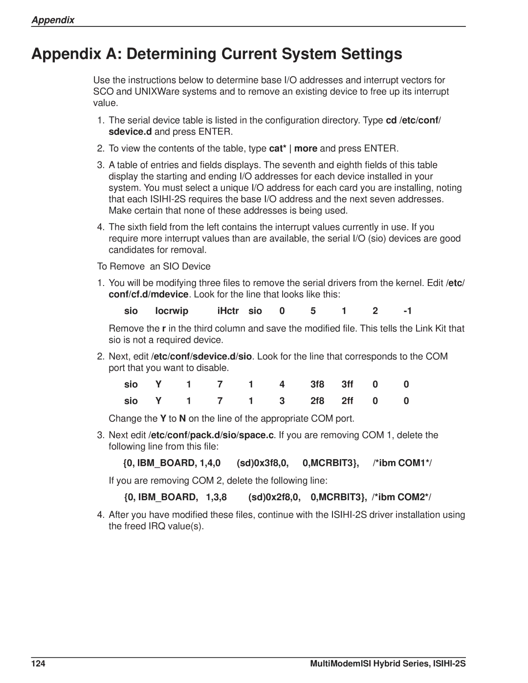 Multi Tech Equipment ISIHI-2S Appendix a Determining Current System Settings, Sio Iocrwip IHctr sio, Sio 3f8 3ff 2f8 2ff 