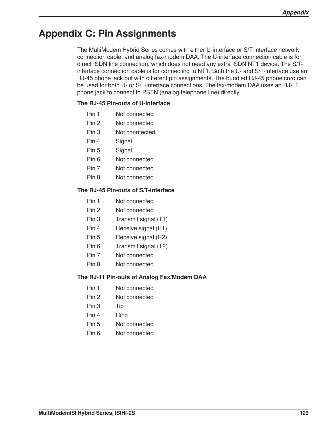 Multi Tech Equipment ISIHI-2S Appendix C Pin Assignments, RJ-45 Pin-outs of U-interface, RJ-45 Pin-outs of S/T-interface 